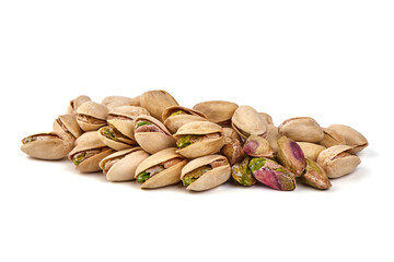 Pistachio nuts, isolated on white background. Close-up