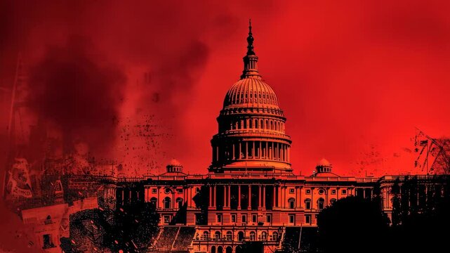United states capitol building burning in fiery red sky