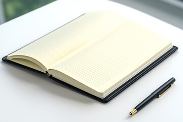 A single open research journal on a clean white desk, with a pen lying beside it, symbolizing the simplicity of focused research