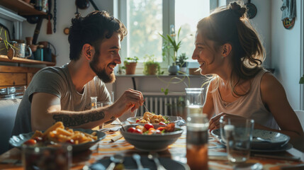 A man and woman sitting at a table eating food together