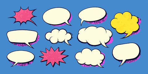 Collection of Empty Comic Speech Bubbles with Halftone Shadows Retro Pop Art Stickers Vector