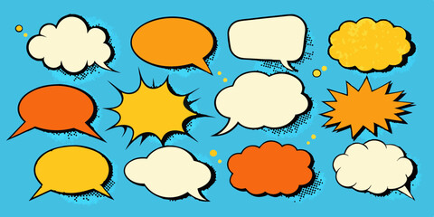 Collection of Empty Comic Speech Bubbles with Halftone Shadows Retro Pop Art Stickers Vector