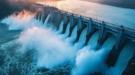 A large concrete dam with water flowing over it.