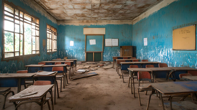 An African school with classrooms half-full broken chairs and outdated materials showing the effects of reduced funding.