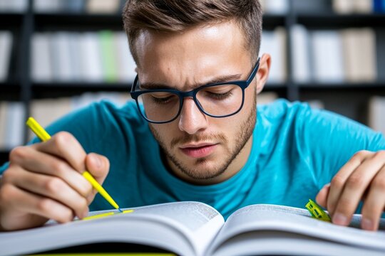 A student highlighting important passages in a textbook, preparing for an exam while reviewing study materials
