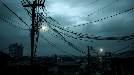 An African urban neighborhood with power lines hanging low and houses dark indicating frequent power cuts due to economic crisis.