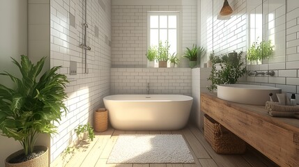 Fototapeta premium Rustic charm in a bathroom with a clawfoot tub and stone wall