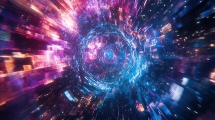 Obraz premium interdimensional portal in a surreal cosmic landscape swirling vortex of vibrant colors connecting multiple realities with floating geometric shapes