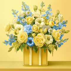 Flower bouquet in yellow box on yellow background.