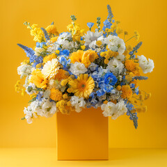 Bouquet of colorful flowers in a box on a yellow background