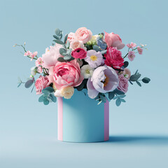Bouquet of flowers in a blue box on a blue background