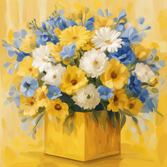 Bouquet of beautiful flowers in a yellow box on a yellow background