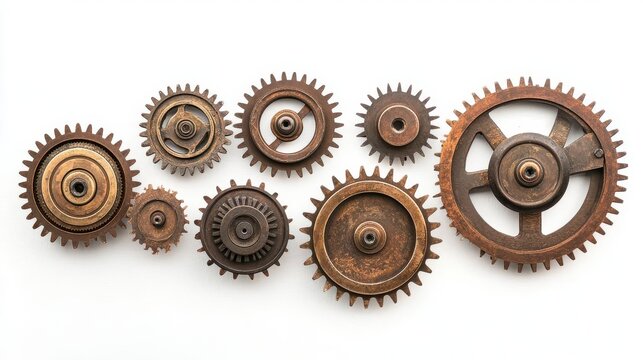 intricate assemblage of weathered brass gears and cogs showcasing the intricate mechanics of vintage machinery against a crisp white backdrop