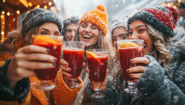 Group of friends toasting mulled wine at christmas market during snowfall