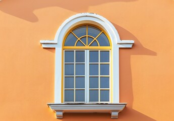 Obraz premium Arched Window on Peach Orange Wall with Yellow Trim