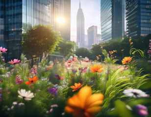 In the concrete jungle of a busy city center, a verdant urban green zone blooms with colorful wildflowers, displaying biodiversity