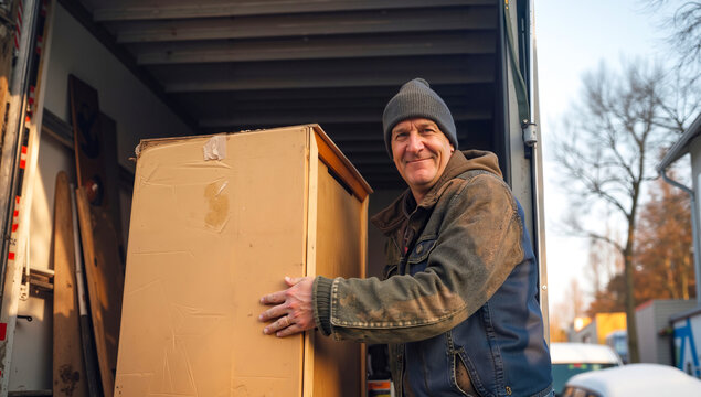 A man standing in front of a moving truck holding a cardboard box