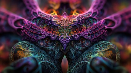 intricate fractal patterns kaleidoscopic symmetry jeweltoned color palette digital psychedelia mesmerizing geometric complexity