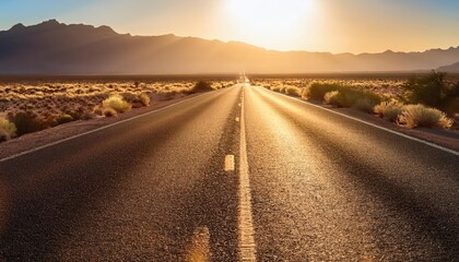 Fototapeta premium A long, straight road leads towards a distant sunset.