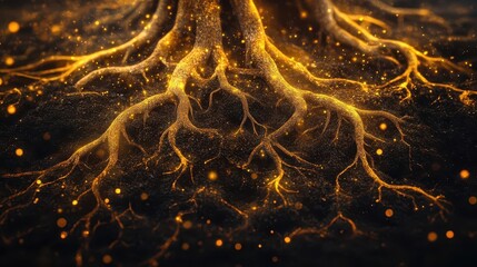 intricate root network illustration subterranean view of tree root system delicate mycorrhizal connections highlighted earthy tones with bioluminescent accents for fungi