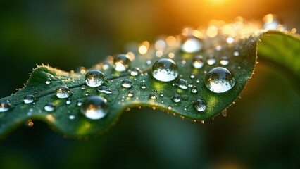 Close-up of a green leaf adorned with sparkling water droplets glistening in the warm sunlight