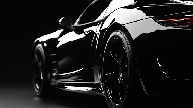 A close-up shot of a sleek black modern car is featured against a black background