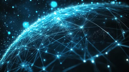 Fototapeta premium intricate web of glowing blue lines connecting illuminated nodes across a stylized globe with data streams and network icons orbiting set against a deep space background
