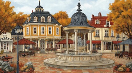 A charming European town square in autumn, featuring classic buildings, a central fountain, outdoor seating, and vibrant fall trees. Perfect for travel or seasonal designs