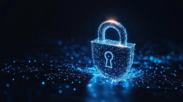 Convey the essence of cyber security technology with an image featuring a digital padlock representing data encryption and network protection, displayed against a deep blue backdrop, highlighting