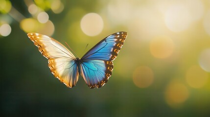 iridescent butterfly midflight wings spread wide intricate wing patterns in shimmering blues sunlight catches delicate scales bokeh background of soft greens and golds macro photography style