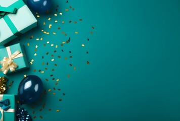 Teal Background with Gifts, Balloons, and Confetti