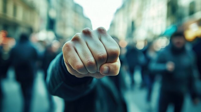 anger depicted by a person in a crowded urban setting, visibly frustrated and clenching their fists