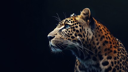 Obraz premium Leopard portrait featuring the animal s face against a dark backdrop