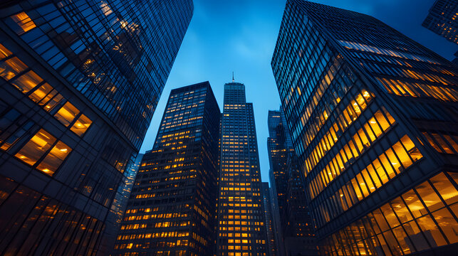 An American cityscape with skyscrapers half-lit many offices empty reflecting reduced business activity.
