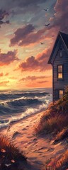 Fototapeta premium Illustrate a cozy beachfront cottage at sunrise, bathed in warm colors with waves gently crashing in the background