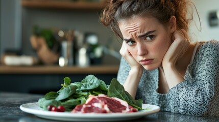 anemia shown by a young woman looking thoughtfully at a plate of iron-rich foods, like spinach and red meat