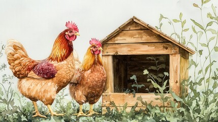 Two vibrant chickens standing beside a rustic wooden chicken coop amidst lush greenery, showcasing farm life and nature's beauty.