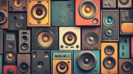 Stack of retro audio speaker systems Abstract illustration with a vintage music theme