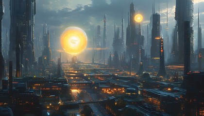 Futuristic cityscape alive with glowing orb and advanced technology, showcasing robots and an atmosphere of excitement and wonder for the future possibilities