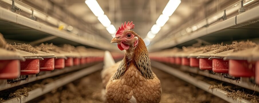 A close-up view of a hen in a modern poultry farm, showcasing the clean and structured environment for farm animals.