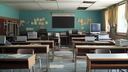 An American classroom with outdated technology and broken desks students struggling to keep up.