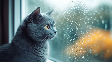 Minimalist portrait of a russian blue cat gazing through a rainy window