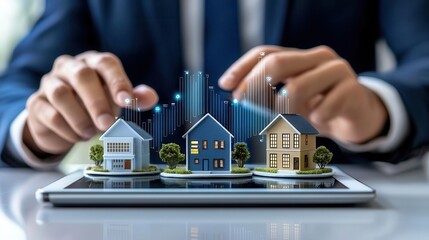Businessman analyzing real estate investment demand on digital tablet with charts, property market trends, growing demand, financial growth strategy