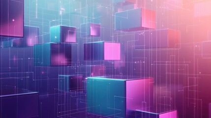 Obraz premium Dynamic cubes floating in a vibrant, digital space filled with shimmering lights and a gradient backdrop at twilight