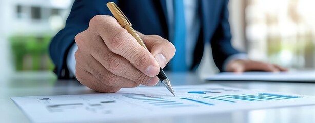 Close-up of a financial expert reviewing commercial property forecast reports, charts, and graphs, real estate market trends, future projections