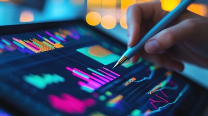 A hand using a stylus to interact with data charts on a tablet, a close-up shot with a blurred background.