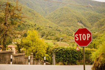Obraz premium A stop sign by the road. Autumn. Trees and mountains in the background