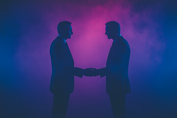 Businessmen in jackets are greeted by two hands close together