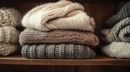 neat stack of winter clothing--scarves, gloves, and knitted sweaters--on a wooden shelf, symbolizing preparation for cold weather.