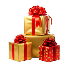 Obraz premium Different gold and red Christmas gift boxes stacked on a white background 